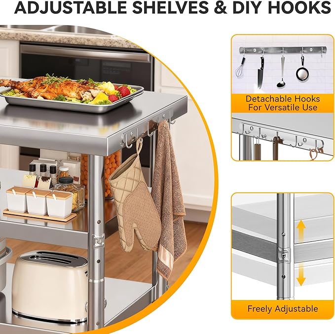 DWVO 36x24in Stainless Steel Table, NSF Metal Prep Worktable with 2 Adjustable Shelves & Wheels for Kitchen Restaurant Hotel Garage Warehouse Home