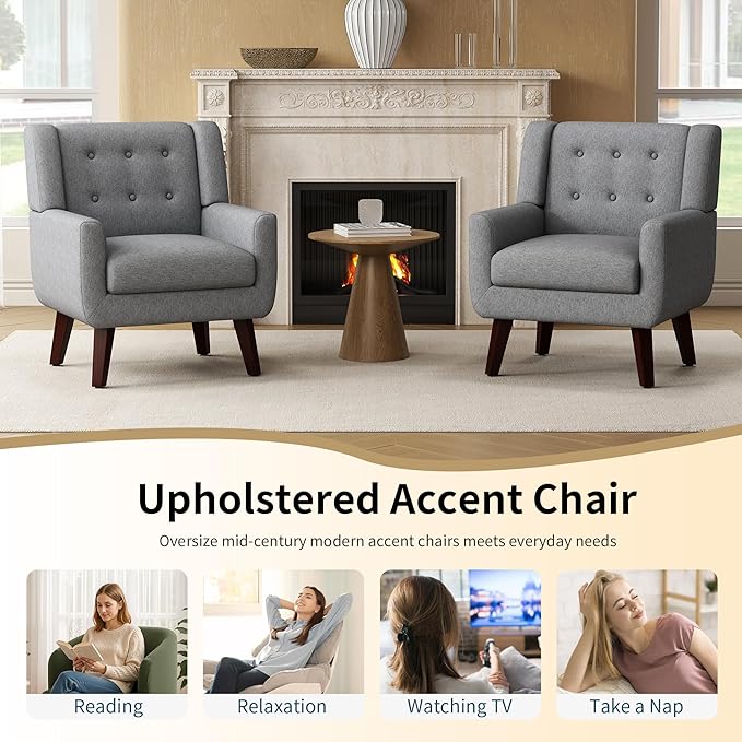 Accent Chairs, Mid-Century Modern Upholstered Living Room Armchair, Comfy Oversized Linen Fabric Single Reading Arm Chair with Tufted Back and Wood Legs for Bedroom, Club (1, Grey)