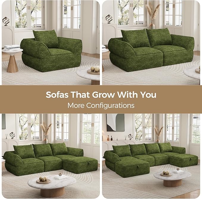 42.5" Single Cloud Sofa, Boneless Couch for Small Spaces, Modern Comfortable Upholstery Sofas with Pillows for Living Room, Apartment, Dorm, Office, Removable Cover, No Assembly Required, Algae Green