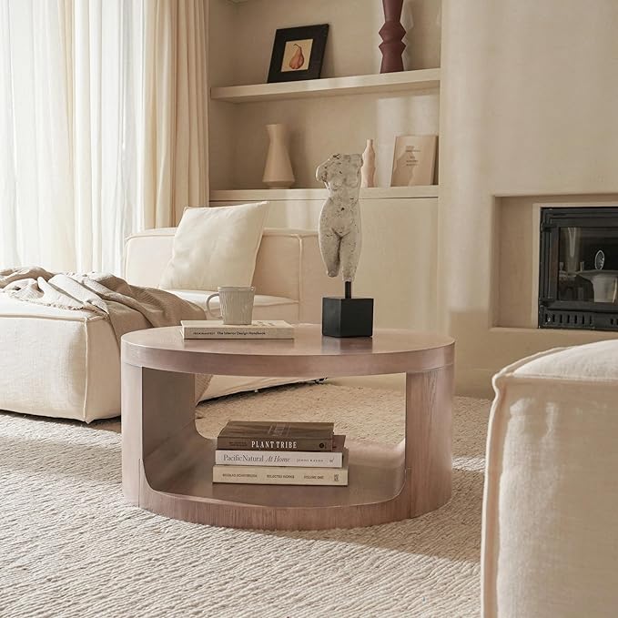Veihaus Round Coffee Table with Storage, 31.5" Modern Living Room Table, 2 Tier Circle Wood Center Tables for Apartment, Living Room, Open-Style Storage Coffee Tables, 31.5"*15.7" (Dusty Pink)