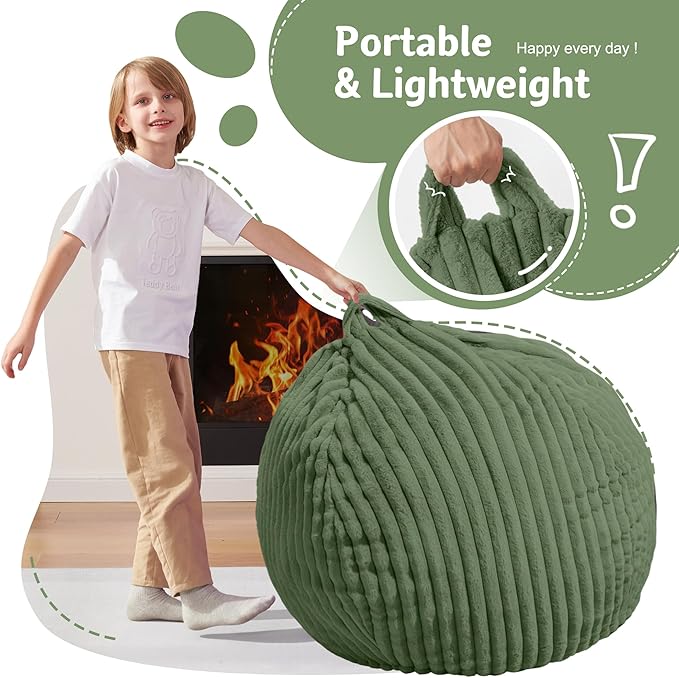 Homguava 2FT Bean Bag Chair, 2' Small Bean Bags with Memory Foam Filled, Beanbag Chairs with Machine Washable Cover Dutch Corded Plush Cover for Classroom,Living Room,Bedroom-Green