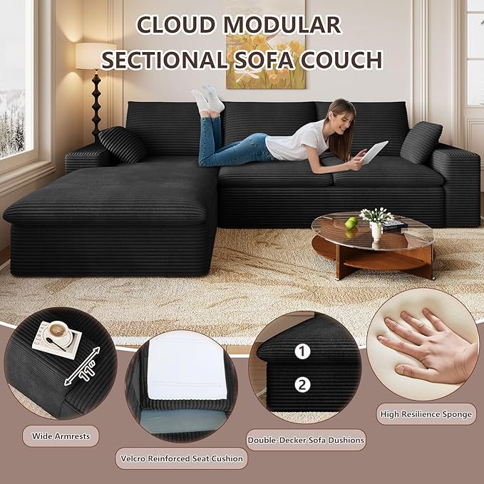 107 Inch Cloud Sectional Couch, Modern Modular Sectional Sofa with L-Shape Chaise, Corduroy Boneless Couches with Deep Seat for Living Room Bedroom, No Assembly Required (Black, Left Facing Chaise)