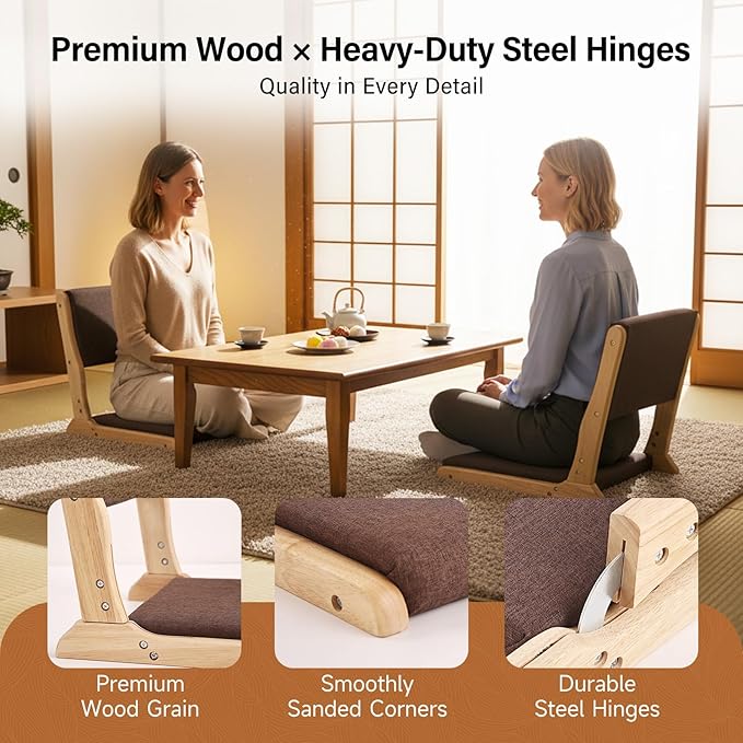 Tiita Foldable Tatami Chair, Japanese loor Chair, Wood Legless Back Rest Chairs with Cushion, Accent Meditation Floor Chairs Bay Window, Wood Brown