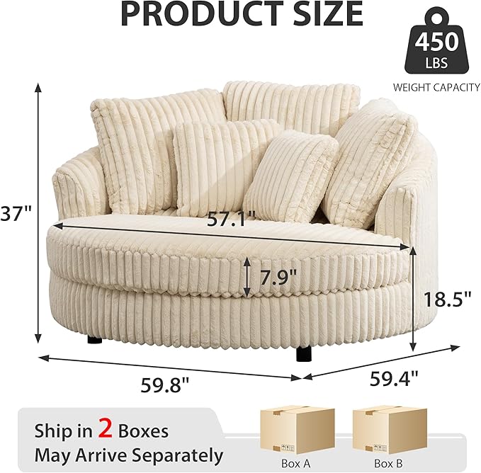 Chifee & Vingol 59.8" W Oversized Accent Round Chair Large Barrel Chair with Wheels & 5 Pillows, Faux Fur Fabric - Beige