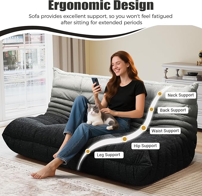 Selyteramy 3 Seat Oversized Bean Bag Chairs for Adults, Memory Foam Fireside Beanbag Couch, Comfy Bean Bag Lounger Lazy Sofa for Living Room, Bedroom, Playroom, White + Black