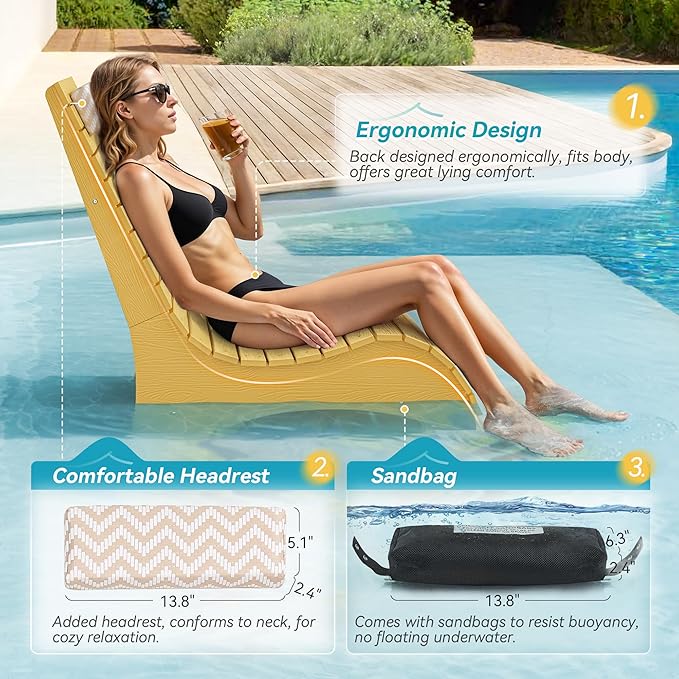 Homenjoy HDPS Pool Lounge Chairs Set of 2, Use in Pools Lounge Chairs up to 10-Inches of Water, Chaise Chairs with Headrest, Lounge Chair Outdoor, Fade-Resistant Pool Lounger for Deck