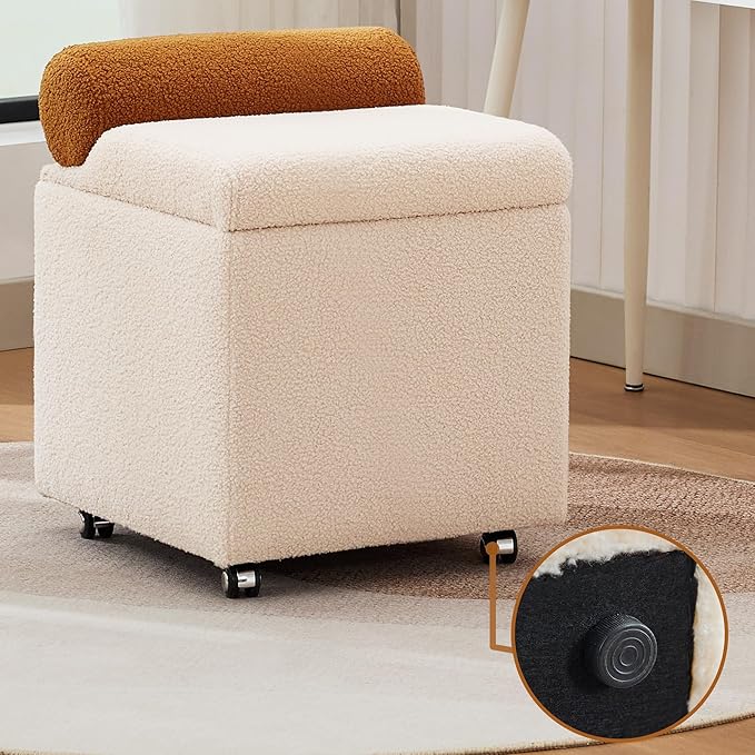 Boucle Vanity Chair with Storage, Swivel Vanity Stool with Safety Hinge, Upholstered Makeup Chair with Wheels, Square Ottoman Stool for Living Room, Dressing, Bedroom, Beige