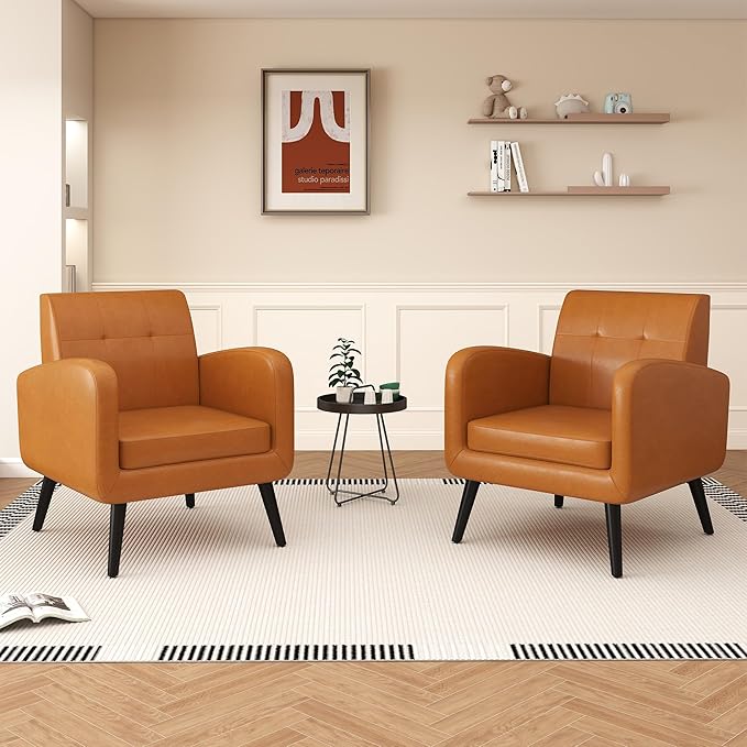 LSSPAID Accent Chair, Modern PU Leather Living Room Chairs, Comfy Upholstered Armchairs Single Sofa Chair with Solid Wood Legs for Apartment, Office, Brown
