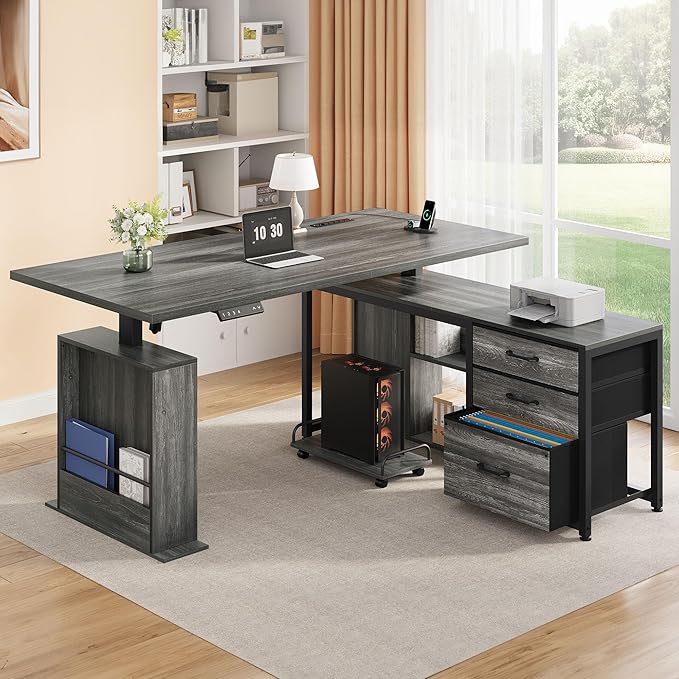63" L Shaped Standing Desk with 3 Drawers Electric Adjustable Height Desk Corner Standing Desk with Storage Computer Game Desk with Power Outlets Computer Tower Stand for Home Office, Grey