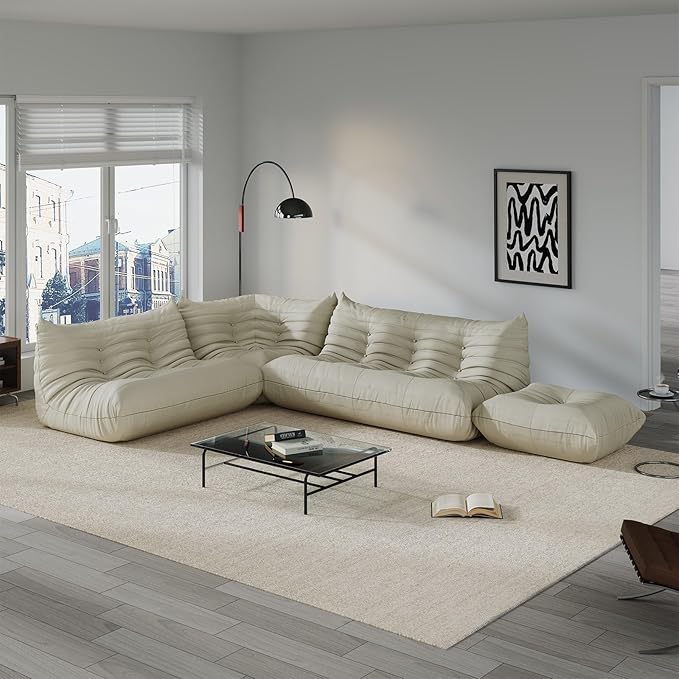 Comfy Lazy Floor Sofa Couch,Soft Armless Chair,Corner Faux Leather Lounge Chair,Corner Relax Sofa Couch for Living Room Bedroom,Salon Office,Adults(Corner+3P++2P+Ottoman)