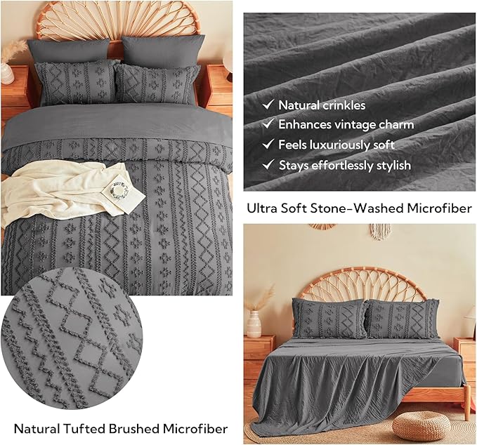 MR&HM Queen Comforter Set Dark Grey, 7 Pieces Tufted Boho Beddding Sets, Farmhouse Style Bed in a Bag with 1 Comforter, 2 Pillow Shams, 2 Pillowcases, 1 Flat Sheet, 1 Fitted Sheet for All Seasons