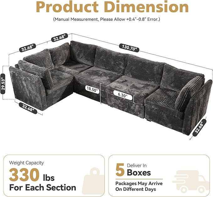 CAODOC Modular Sectional Sofa,5 Pieces Sectional Couches for Living Room,131X65 L Shaped Cloud Couch with Oversized Convertible Modular Couch for Living Room