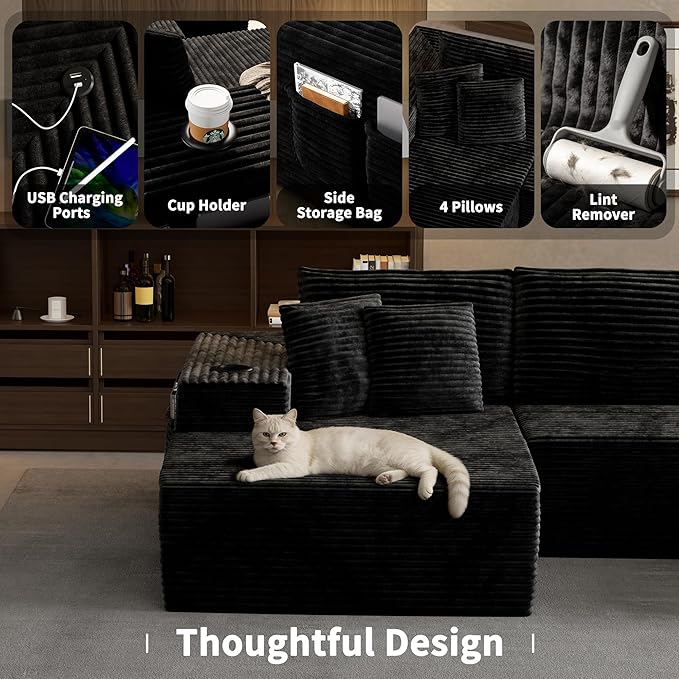 Cibert 104.3" Modular Sectional Sofa with Ottoman, Black Boneless Couch Left Facing Chaise U Shaped Couches with USB Ports, 2 Cup Holders, 2 Storage Bags & Lint Remover, No Assembly Sectional Couch