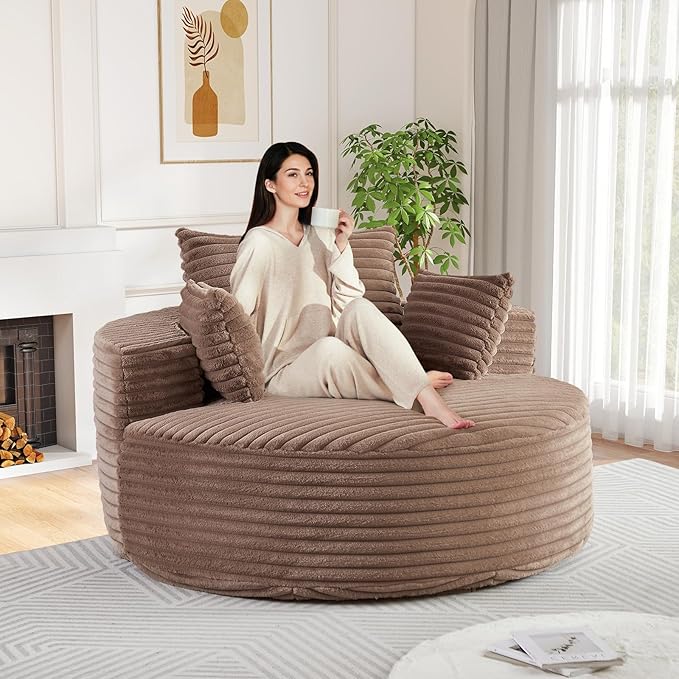 Oversized Round Chaise Longue Chair Indoor, Modern 55-inch Upholstered Corduroy Deep Seat Circle Single Cloud Lounge Floor Sofa Chair for Living Room, Bedroom Apartment, Brown