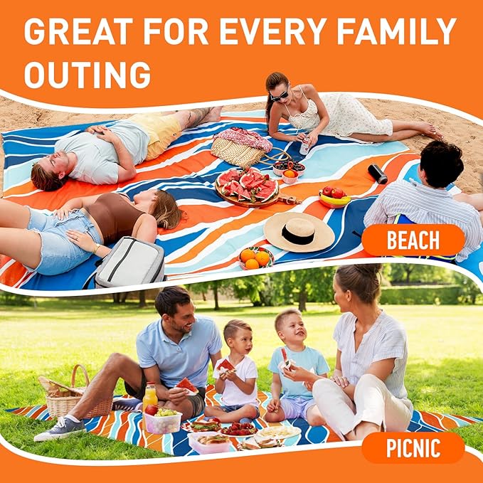 Everlasting Comfort Large Beach Blanket Waterproof & Sandproof - 128” x 108” /10.7ft x 9ft - Lightweight Picnic Mat, Camping Necessities for 10 People - Accessories for Outdoor Festivals - Orange