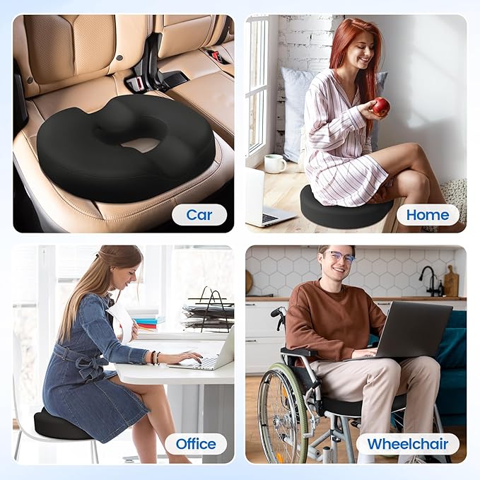 CushZone Donut Pillow Seat Cushion - Cooling Gel Floor Pillow, Memory Foam Floor Cushion for Office & Home, Car Seat, Hemorrhoids Pillow, Sciatica & Tailbone Pain Relief Chair Cushion, Black