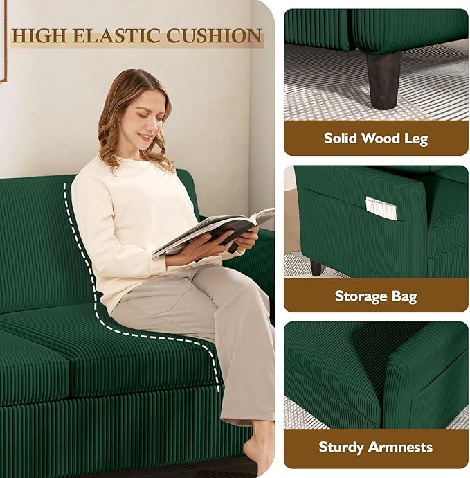 Valthie Convertible Sectional Sofa,Corduroy L-Shaped Couch with Reversible Storage Chaise,3-Seater Sofa with Side Pocket for Living Room,Bedroom and Office, 106.7",Green