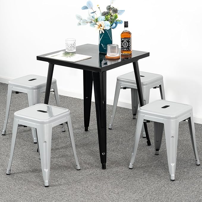 Brage Living 18 Inch Industrial Metal Stools Set of 4, Stackable Classroom Stools, Backless Metal Dining Chairs for Indoor Outdoor, Kitchen Short (Pearl Silver)