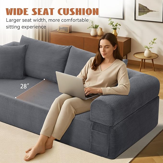 83" Sofa in a Box, 3 Seater Couch No Assembly Boneless Sofa Bed with Cushion Back 2 Pillows Deep Seat Corduroy Fabric Side Storage Pockets for Living Room, Bedroom, Apartment, Office, Deep Grey