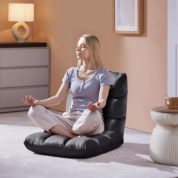 Yaheetech Floor Folding Chair with Back Support, Padded Folding Gaming Sofa Chair with 14 Adjustable Backrest, Adults Couch Recliner, Floor Seating Lounge Chair, Armless Meditation Chair, Gray