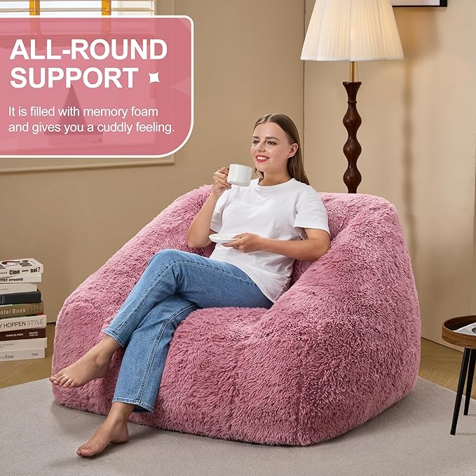 Hobestluk Bean Bag Chairs for Adults Giant Bean Bag Chair with Memory Foam Filling, Adult Beanbag for Bedroom, Living Room (Pink Plush)