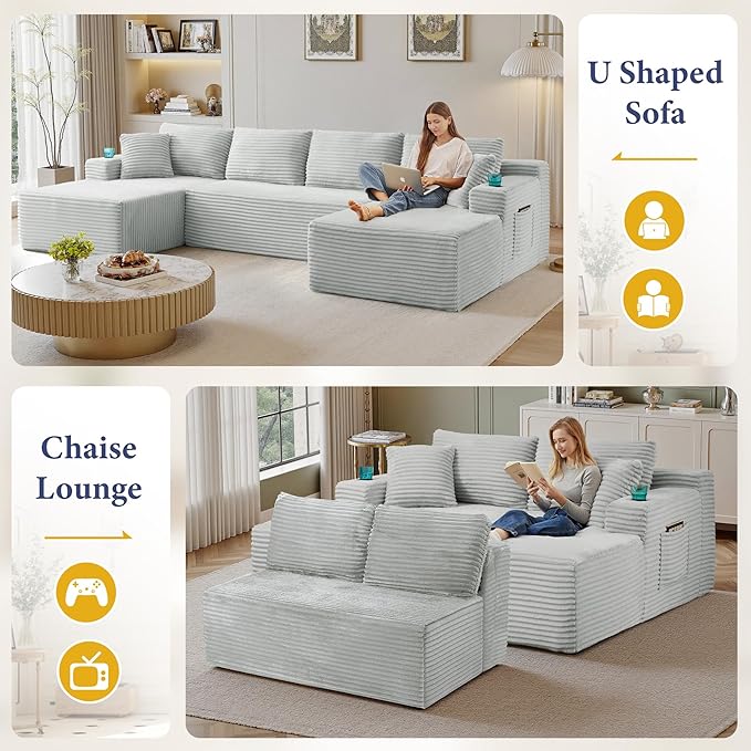 96" Sectional Couches for Living Room Cloud Couch Sofa with L-Shape Upholstered Boneless Couchs Modern Modular Sectional Couch with Chaise (Light Grey, 133" W+U Facing Chaise)