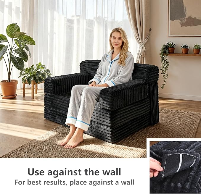 Folding Sofa Bed,Convertible Sofa Bed with Armrest Foldable Sleeper Chair, Portable Folding 4-in-1 Floor Sofa with Convertible Lounge Chair for Living Room,Bedroom,Washable Cover,Black Single