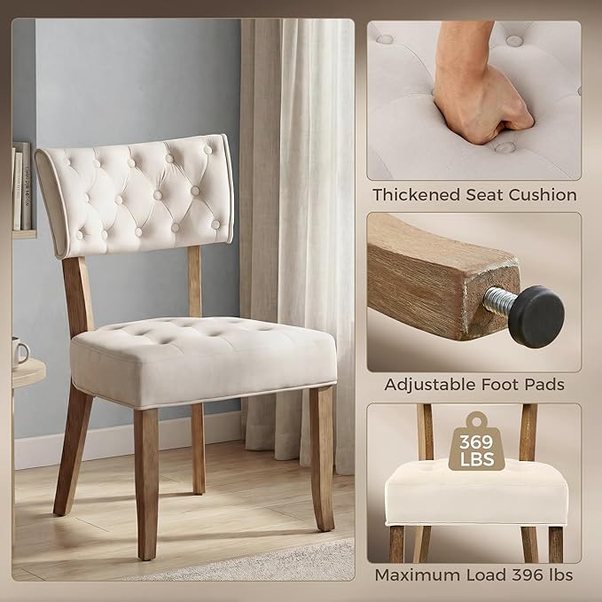 UVV Upholstered Dining Chairs Set of 2, Mid Century Modern Tufted Kitchen Chairs Dining Room Chairs, Velvet Dinner Chair with Wood Legs for Dining Room Kitchen, Beige