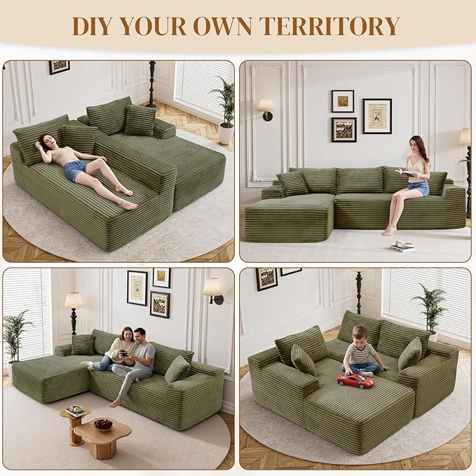 95" Boneless Cloud Sectional Couches for Living Room, Comfy Fluffy L Shaped Memory Foam Deep Seat Boneless Couch, Modular Sectional Sofa with Left Facing Chaise, Olive Green