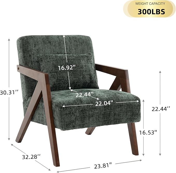 Mid Century Modern Accent Chair with Solid Wood Frame，Upholstered Chenille Living Room Arm Chairs with Pillow for Bedroom, Living Room, Reading Room, Balcony (1, Dark Green)