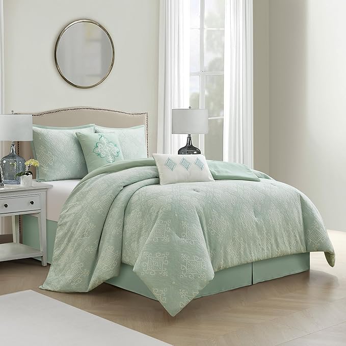 Grand Avenue 6 Piece Cotton Sage Comforter Set, Queen Size Jacquard Bedding Set, All Season Geometric Bedding, Matching Pillows, Shams, Bed Skirt