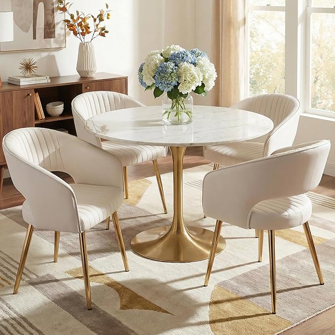 COMULER Faux Leather Dining Chairs Gold Legs, Modern Cream PU Leather Dining Room Chairs with Arms Set of 4 Upholstered Accent Chair Armchair with Barrel Back for Kitchen Living Room