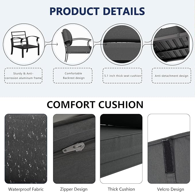 RTDTD Aluminum Outdoor Patio Furniture Set,5 Pieces 7 Seats Patio Conversation Sets with 2 Swivel Rocking Chairs,Metal Patio Sectional Furniture Set with 5.1" Thickened Cushions,Grey