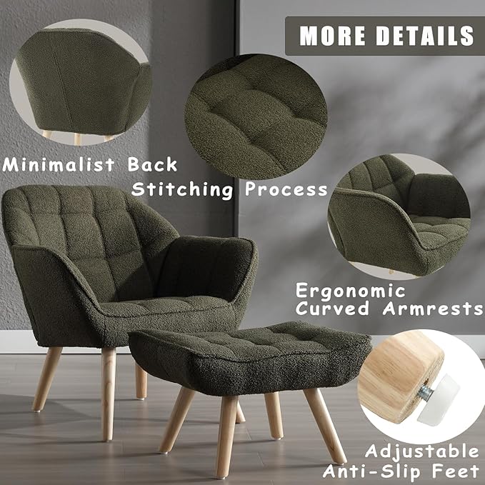 ZH4YOU Sherpa Accent Chair with Ottoman, Modern Fuzzy Reading Chair with Ottoman Upholstered Armchair with Wood Legs Comfy Lounge Chair for Small Spaces Living Room Bedroom Book Nook, Green