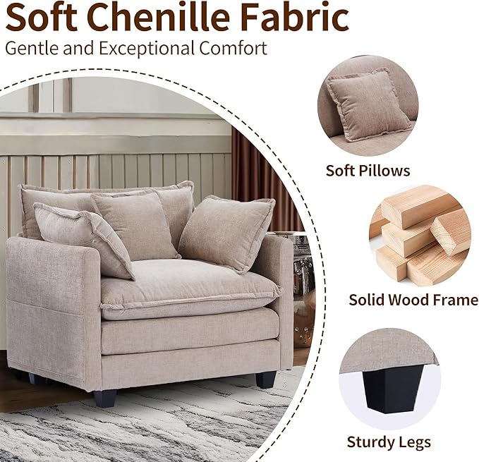 SweetGO corporation 40" Chenille Lounge Chair for Reading, Modern Couch Cozy Sofa Bed, Upholstered Living Room Single Sofa Accent Chair with Ottoman, Coffee
