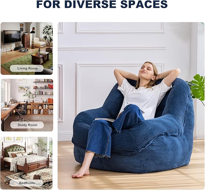 Giant Bean Bag Chair with Armrests - Oversized Cozy Seating for Adults, Corduroy Fabric & High-Resilience Foam Filling, Ideal Lounge for Living Room, Bedroom & Gaming Room (Royal Blue)