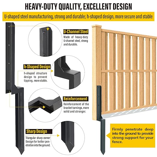 Epcee Heavy Duty Steel Fence Post Repair Stakes, Fence Post Anchor Ground Spike, for Repair Tilted/Broken Wood Fence Post (1 Pack/Black