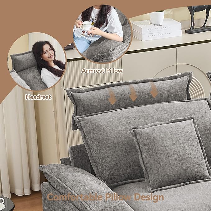 103'' Cloud Modern 3 Seater Couch with Detachable Headrest, Modular Sectional Sofa with Ottoman, Oversized L Shape Chenille Comfy Sofa with Armrests for Living Room, Light Grey