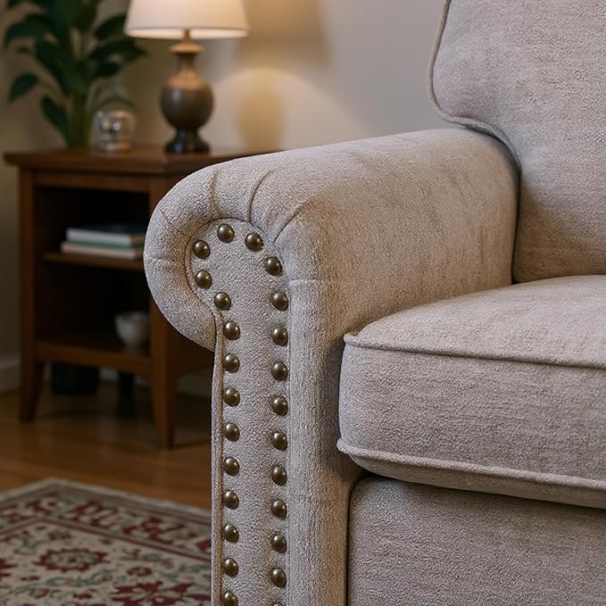 Nailhead Armchair, Rolled Arms Accent Chair for Living Room, Single Sofa Chair with Springs Seat Cushion & Wooden Legs, Mid-Century Armchair for Apartment, Office, Farmhouse, Beige