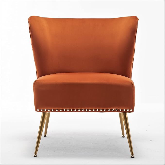 Container Furniture Direct Thia Armless Velvet Accent Chair for Living Room, Elegant Seat with Nailhead Trim, Gold Metal Legs and Comfortable Curved Back, 28" D x 25" W x 29.5" H, Orange Red