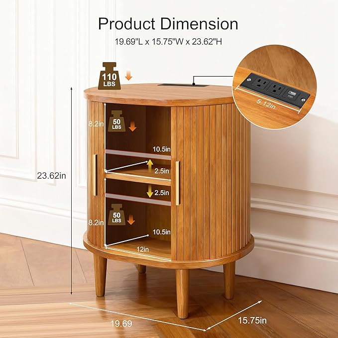 DHH Mid Century Modern Nightstand Set of 2 with Charging Station,Fluted Accent Side Table with Sliding Door & Adjustable Shelf,End Table for Small Space, Living Room, Bedroom,Sofa Couch,Yellow Walnut