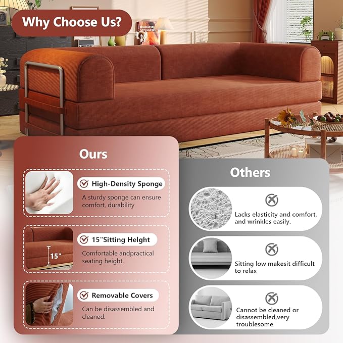 Convertible Sleeper Sofa Bed Boneless Cloud Comfort Orange Futon Couch for Lounging & Sleeping, Removable & Washable Corduroy Sofa Cover, Floor Sofa Folding Mattress for Guests, Small Spaces