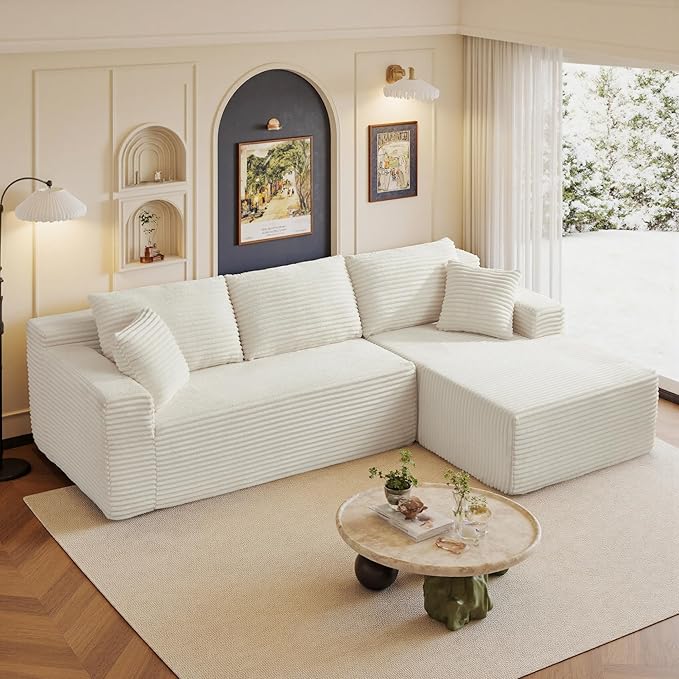 105" Sectional Couches for Living Room Cloud Couch Sofa with L-Shape Upholstered Boneless Couchs Modern Modular Sectional Couch with Chaise (White, 105" W+Right Facing Chaise+2Seaters)
