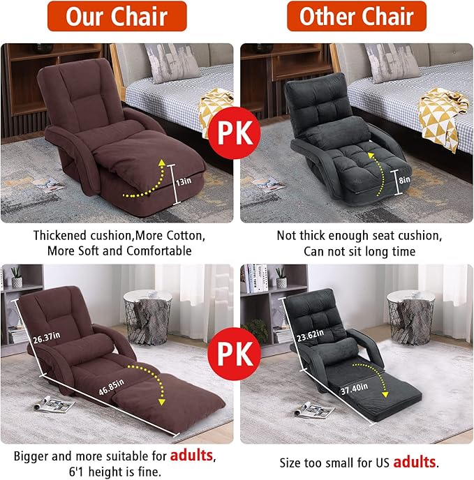 Foldable Lazy Sofa Bed 14-Position Adjustable Comfy Floor Chair Chaise Lounge with Armrests and Pillow with Gaming Recliner for Adults Kids with Foot Rest Futon Sofa (Brown)