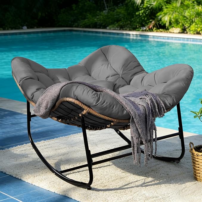 Sgentle Papasan Rocking Chair for Outdoor & Indoor, Oversized Patio Rocking Chair with Cushions & Steel Frame, Wicker Egg Lounge Chair, Comfy Reading Chair for Patio, Deck, Porch (Grey, Style 2)