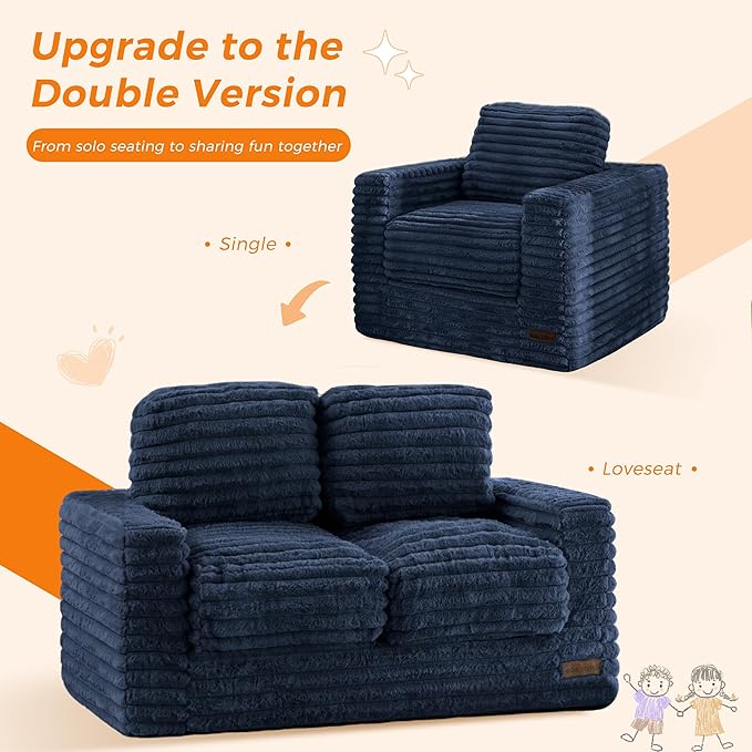 MAXYOYO Extra Wide Kids Bean Bag Chair, Comfy Faux Fur Bean Bag Sofa with Filler, Upholstered Floor Sofa with Pillows and Armrests, Lazy Floor Chair Couch for Boys and Girls, Navy