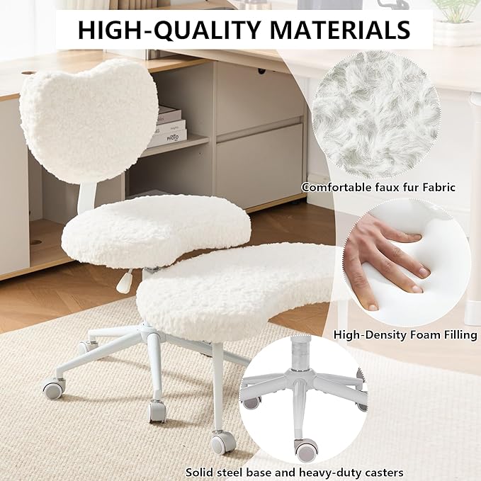 Meditation Chair with Lumbar Support,360° Swivel Cross Legged Chair with Wheels, Ergonomic Cross Legged Office Chair for Adults with ADHD, Height-Adjustable Yoga Chair, Faux Fur, Beige