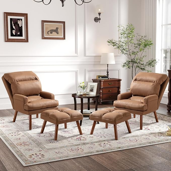 CANMOV Modern Accent Chair with Ottoman Set of 2, Soft Fabric Armchair with Adjustable Backrest and Side Pockets, Comfy Lounge Chair for Living Room, Bedroom, Apartment, Office, Camel