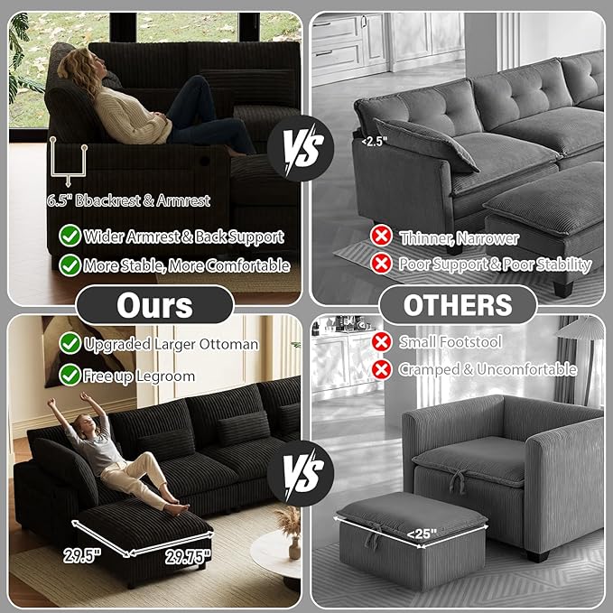 130" W x 67" D U Shape Sectional Sofa with USB Charging & Cup Holder & Storage, 6 Seater Plush Corduroy Couches with Movable Ottoman, Cloud Couch Sofas for Living Room, DIY Combination - Black