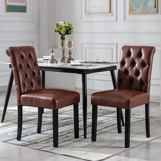 chairus Dining Chairs Set of 2 Mid Century Modern Living Room Chairs with Button Tufted High Back PU Leather Armless Chair Comfy Upholstered Side Chairs for Kitchen/Restaurant/Bedroom, Brown
